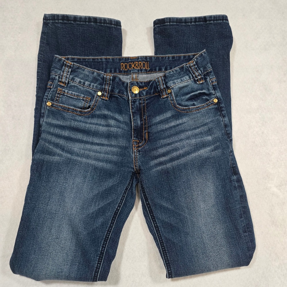 Rock and Roll Cowgirl Boyfriend Jeans Dark Wash Whiskered 25x34 Stretch Denim